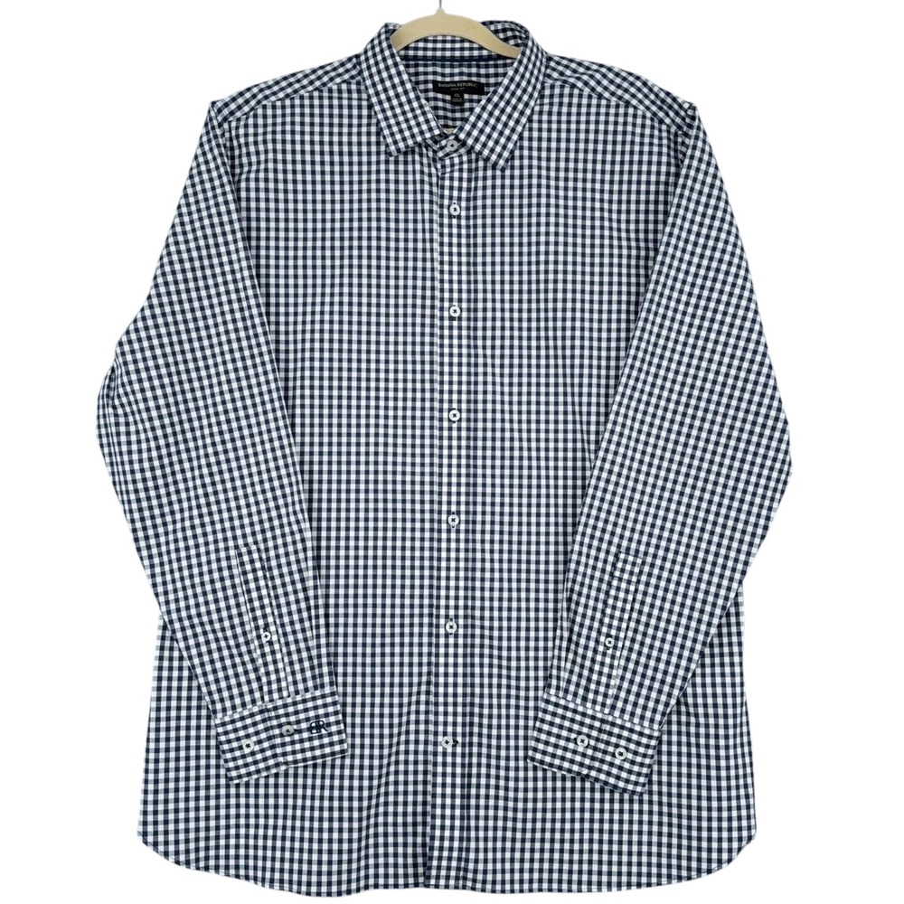 Banana Republic Men's XXL Slim Fit Navy Gingham Long‎ Sleeve Dress Shirt
